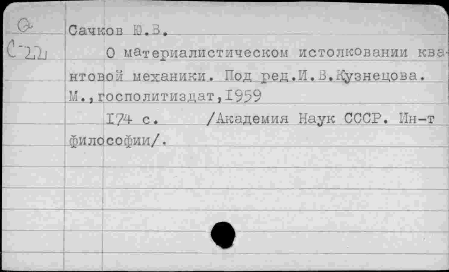 ﻿Сачков Ю.В.___
О материалистическом истолковании ква нтовой механики. Под ред.И.В.Кузнецова. М.,госполитиздат,1959
.174 с. /Академия Наук СССР. Ин-т философии/. ___